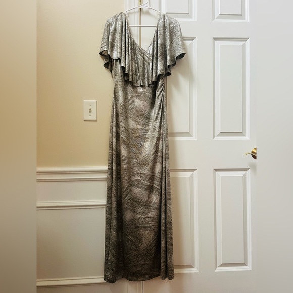 connected apparel Dresses & Skirts - Off the shoulder maxi/gown with front slit sz 14 in pewter